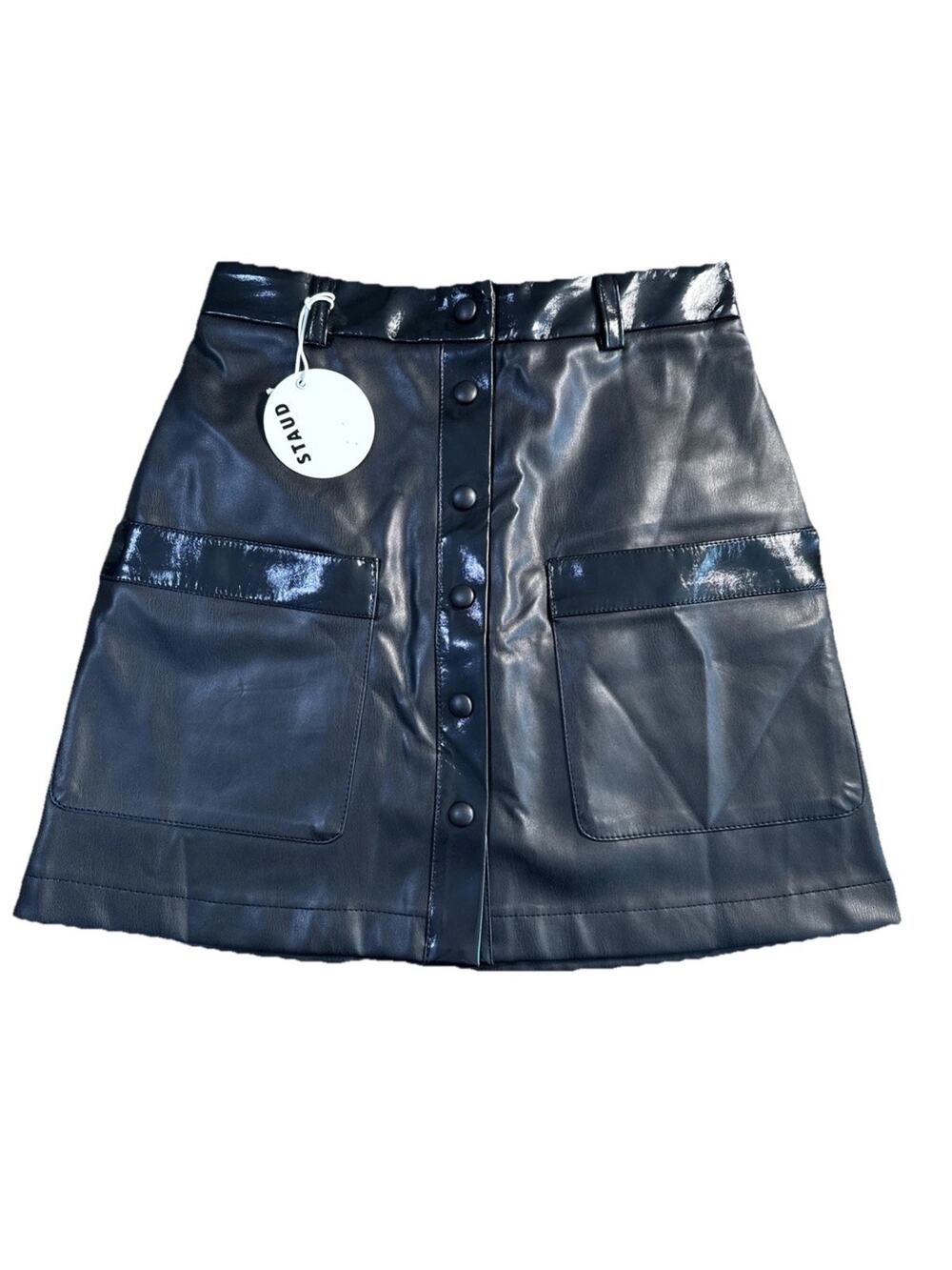 STAUD Paper Faux Leather Mini Skirt Black Patent Two‑Tone Button‑Down NWT 6